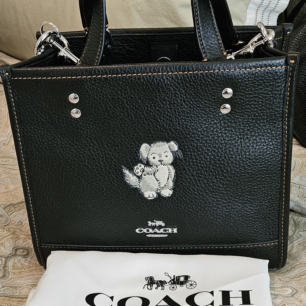 Coach Black Leather Tote with Dog Motif, Like NEW!